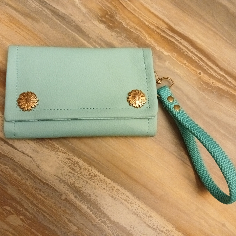 New Clutch Wristlet Wallet Aqua Blue Faux leather Sunflower Snap Trifold Pouch